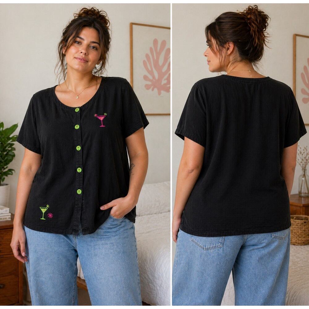 Vintage Natalie & Me 2X Linen Martini Button Front Top Black Pink Artsy Cocktail